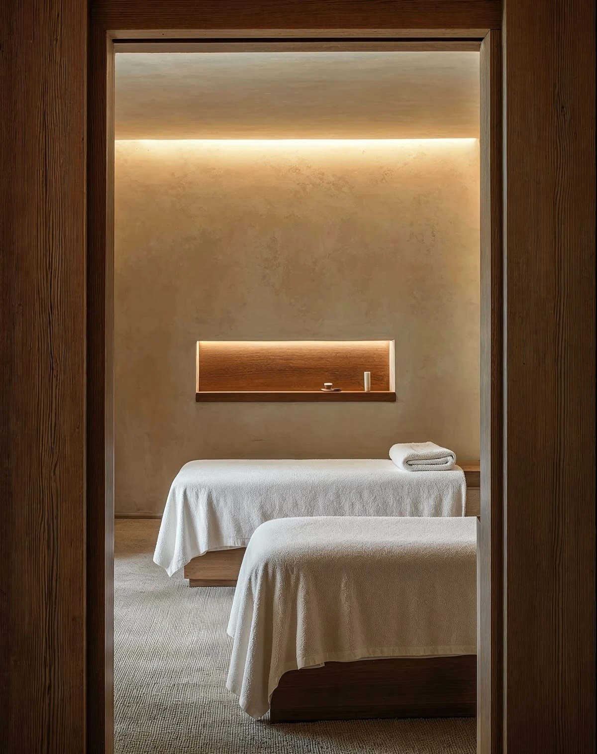 Two massage tables with folded towels in a softly lit treatment room, seen through a wooden doorway